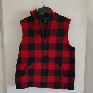 Ralph Lauren Hooded Plaid Vest Fleece Full Zip Red & Black Pockets Sz XL
